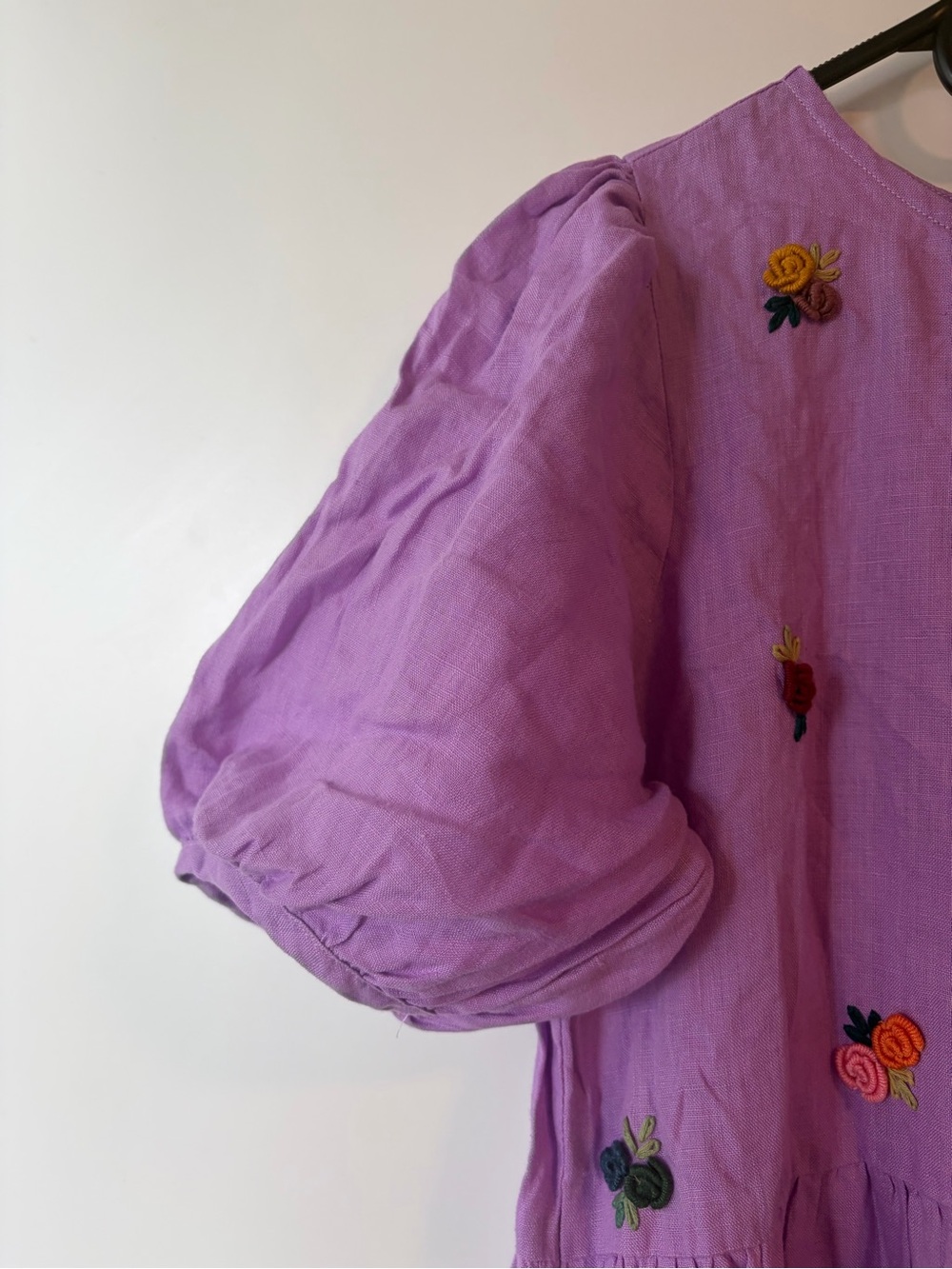 100% Irish linen lilac maxi Embroidered Puff Sleeve dress fairy princess - Picture 3 of 5